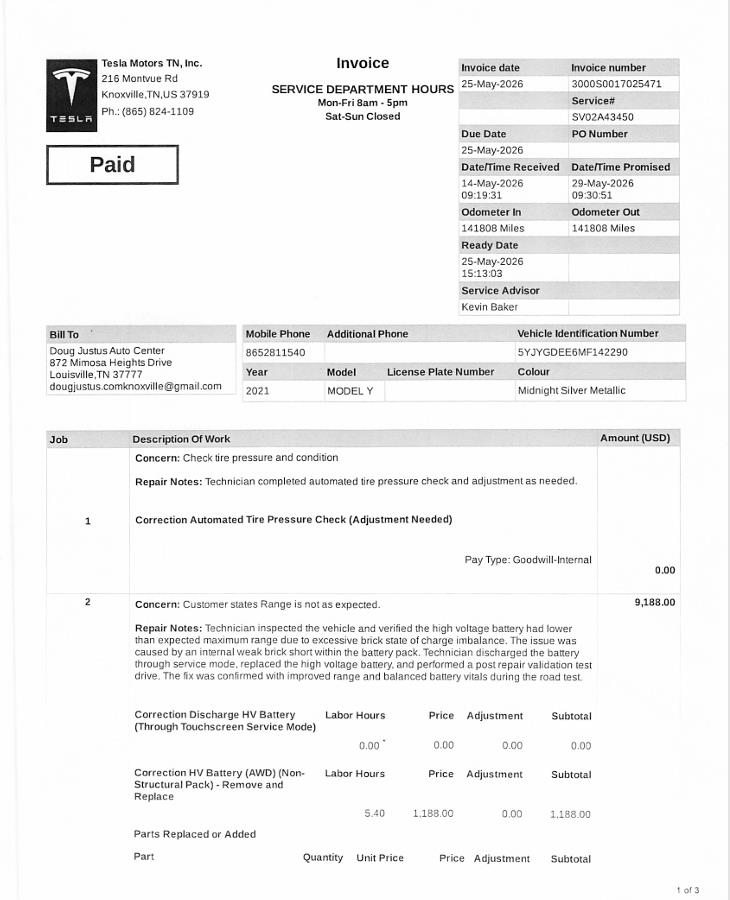 2021 TESLA MODEL Y *NEW HIGH VOLTAGE BATTERY*